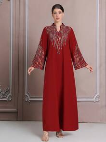 Embroidered Red Robe, Retro Style Embroidered Modest Robe, Dubai Beaded Kaftan Abaya, Plus Size Women Clothing BC4612 (Custom) - Red - View 5