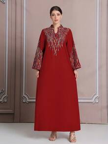 Embroidered Red Robe, Retro Style Embroidered Modest Robe, Dubai Beaded Kaftan Abaya, Plus Size Women Clothing BC4612 (Custom) - Red - View 3