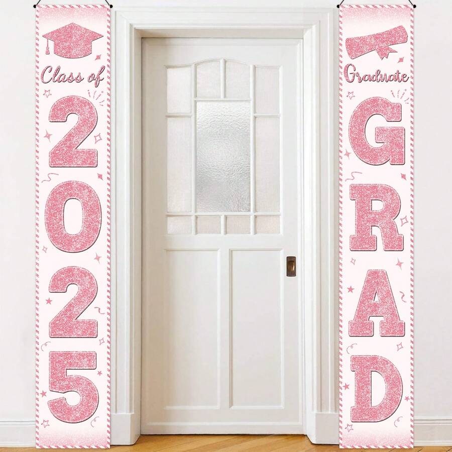 Decoraciones para fiesta de graduación rosadas, letrero para el porche "Clase de 2025", banners de felicitaciones de graduación en tono rosa dorado para colgar en la puerta para la fiesta de graduación universitaria - Multicolor - Ver 1