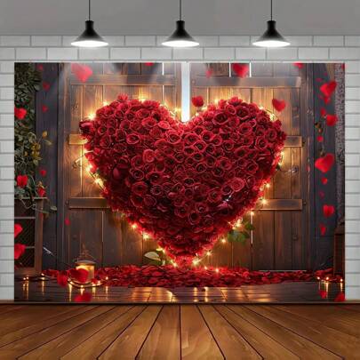 Valentine's Day Flower Heart Background 1 Piece - Polyester Rose Wall Hanging Without Electricity, Romantic Red Heart Photography Background, Suitable For Weddings, Bridal Showers, Anniversaries, Multifunctional Rooms, And Garden Decorations