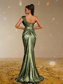Smilprince 奢华翡翠绿色连衣裙金属不对称领口高开叉长款晚礼服，优雅派对，女士舞会礼服，正式晚礼服，晚礼服，婚礼宾客礼服 - 青檸色 - 查看 2