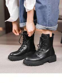 Botas cortas de estilo británico para mujer, Botas de Agujetas para Mujer, Botas Militares de Combate con Cordones para Mujer, Botas de combate con cremallera lateral minimalista, diseño de hebilla, con cordones frontales, para combinar con ropa de otoño