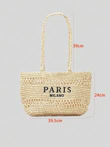 Summer Hollow Embroidery Letters Straw Bag Female Idyllic Wind Seaside Vacation Beach Bag Pure Handmade Woven Shoulder Bag (No Jewelry), Perfect For Beach Vacation, Travel, Shopping, And Vacation Essentials