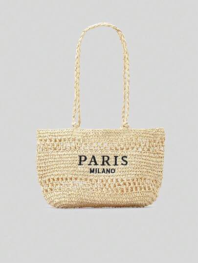 Summer Hollow Embroidery Letters Straw Bag Female Idyllic Wind Seaside Vacation Beach Bag Pure Handmade Woven Shoulder Bag (No Jewelry), Perfect For Beach Vacation, Travel, Shopping, And Vacation Essentials