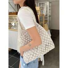 Women's Crochet Beach Bag Shoulder Bag Openwork Mesh Handmade Women's Summer Fashion Macramé Knitting With Fringe - 白色 - 查看 5