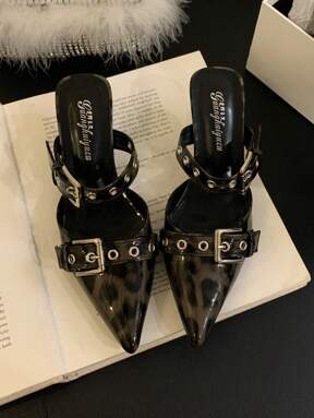 2025 Nuovi arrivi Mule a punta per donna, Tacchi alti con stampa leopardata, Sandali slip-on alla moda per primavera/estate con doppia fibbia, Eleganti, Décolleté da donna, Eleganti