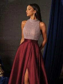 优雅的勃艮第亮片高开衩露背礼服，拖地长款正式晚礼服，女士舞会礼服，闪亮派对礼服，婚礼宾客礼服