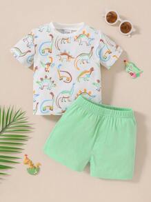 2 pièces/ensemble tenue d'été pour tout-petits garçons avec motif de dinosaure de dessin animé. Tissu tricoté doux et respirant, design populaire