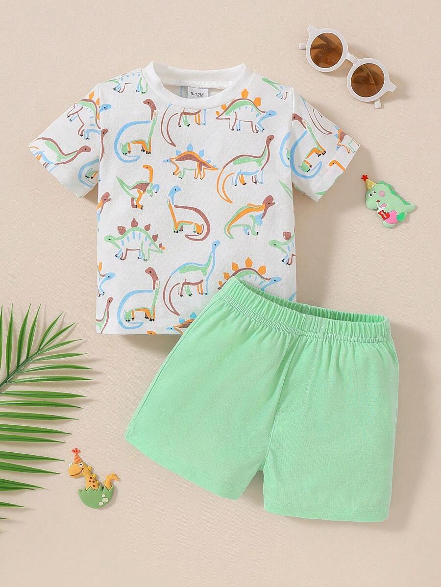 2 pièces/ensemble tenue d'été pour tout-petits garçons avec motif de dinosaure de dessin animé. Tissu tricoté doux et respirant, design populaire