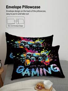 Conjunto de cama com 4 peças de controle de jogo de desenho animado preto impresso, incluindo 1 capa de edredom e 2 fronhas, 1 lençol, sem enchimento, macio e confortável, adequado para filha, quarto de namorada, design exclusivo de fecho de zíper para presente de cama decorativo, fácil de lavar e manter, adequado para uso diário, adiciona charme infantil à decoração aconchegante da casa