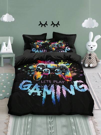 Conjunto de cama com 4 peças de controle de jogo de desenho animado preto impresso, incluindo 1 capa de edredom e 2 fronhas, 1 lençol, sem enchimento, macio e confortável, adequado para filha, quarto de namorada, design exclusivo de fecho de zíper para presente de cama decorativo, fácil de lavar e manter, adequado para uso diário, adiciona charme infantil à decoração aconchegante da casa