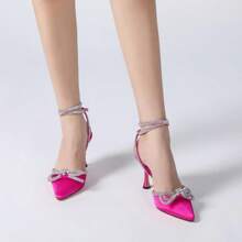 Women's Silver High Heel Sandals Rhinestone Bow Heels Ankle Strap Pointed Toe Sexy Stiletto Heeled Sandals Party Wedding Bridal Dress Pumps Shoes - Rose Red - View 5