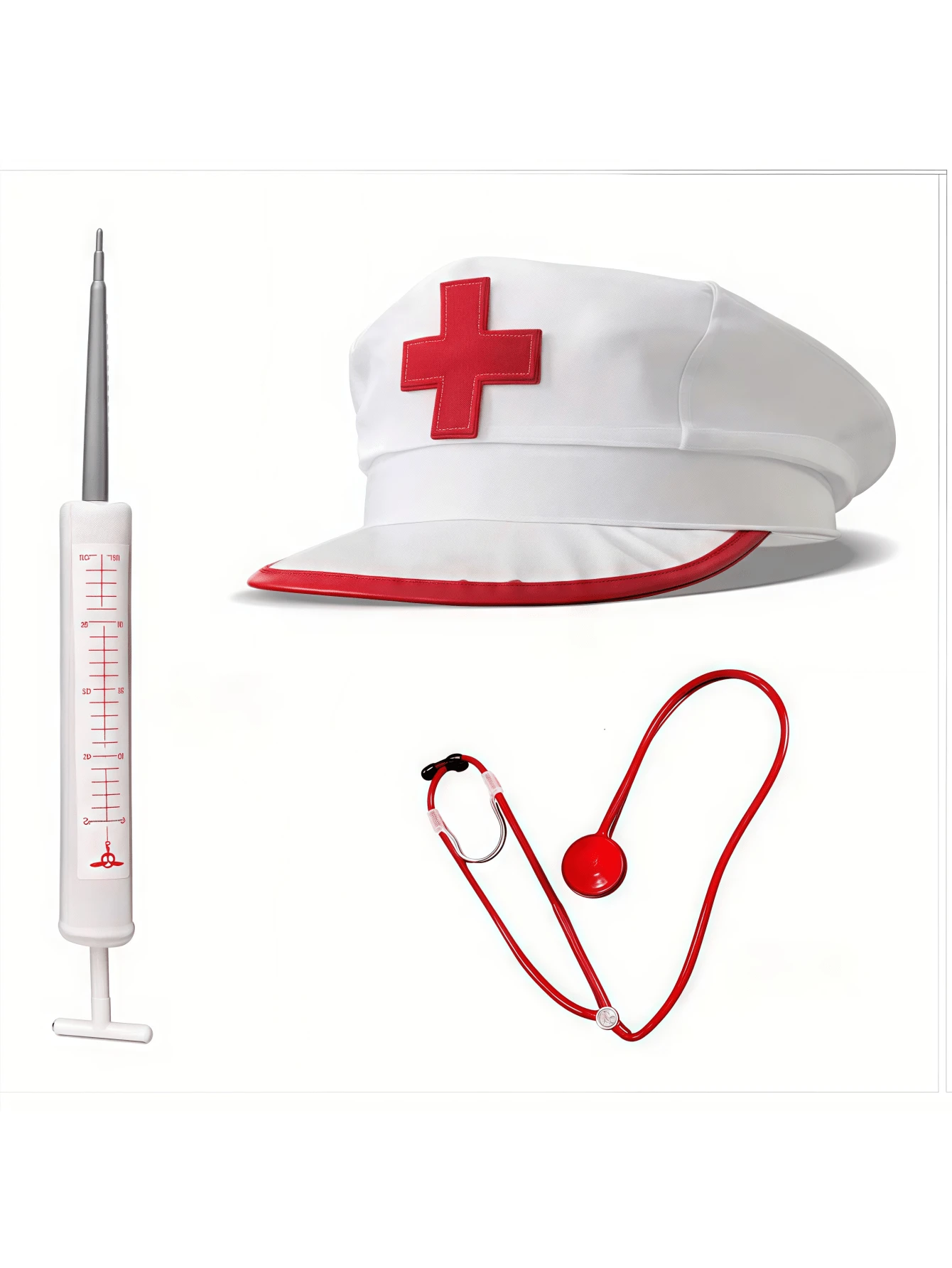 Cloth Hat Syringe Prop And Stethoscope 3-Piece Nurse Outfit Accessory Set For Parties And Events - No Electricity Required - Multicolor - View 1