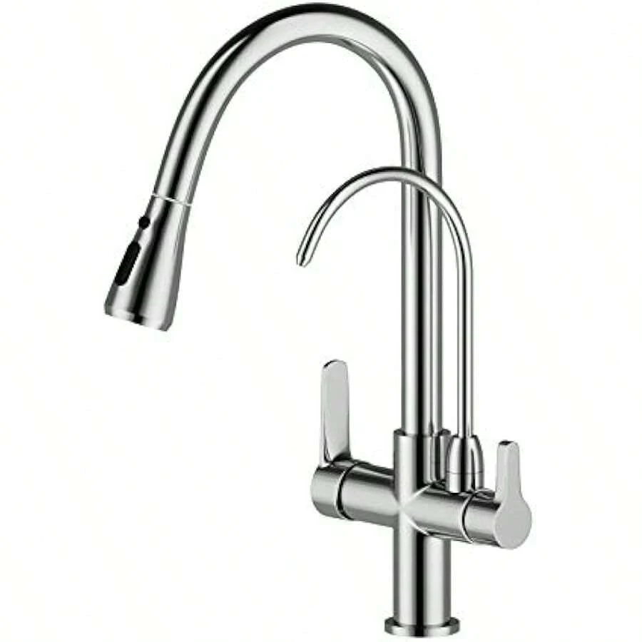 3 Ways Taps Pure Water Filter Pull Down 360° Swl Dual Handle Brass Come Sink Mixer Taps No Filter Included - Chrome1 - View 1