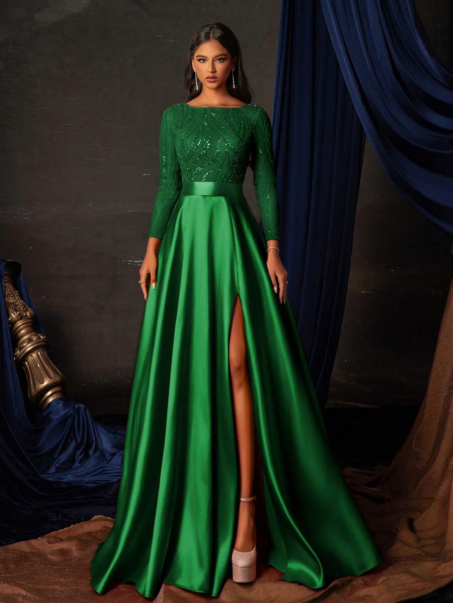 Elegant Green Sequin Long Sleeve Gown With High Slit, Floor-Length Formal Dress, Women's Prom Gown, Party Dress, Wedding Guest Dress, Evening Dress - Green - View 1