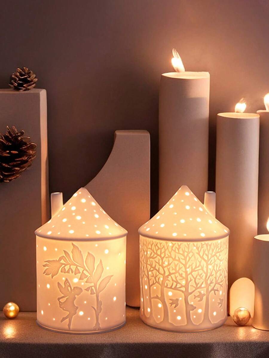 一体式陶瓷空心蜡烛烛台，浪漫烛台，适合节日礼物、家居装饰、女性礼物、节日派对 - 彩色 - 查看 1