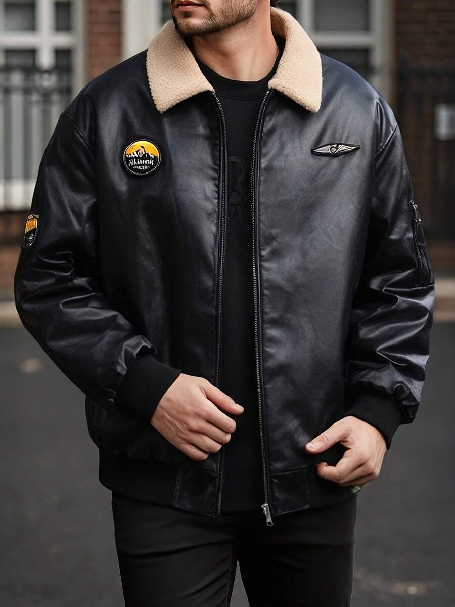 Men's Vintage Bomber Jacket, Casual Lapel Pie Overcome, Zip-Up Long-Sleeved Warm Jacket, Suitable For Autumn And Winter Outdoor Wear - màu đen - Xem 1