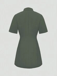 新品 春夏 時尚簡約優雅翻領單排扣修身短洋裝 - 灰色 - 查看 3