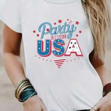 Party In The USA Print T-Shirt, Casual Crew Neck Short Sleeve T-Shirt For Spring & Summer, Women's Clothing