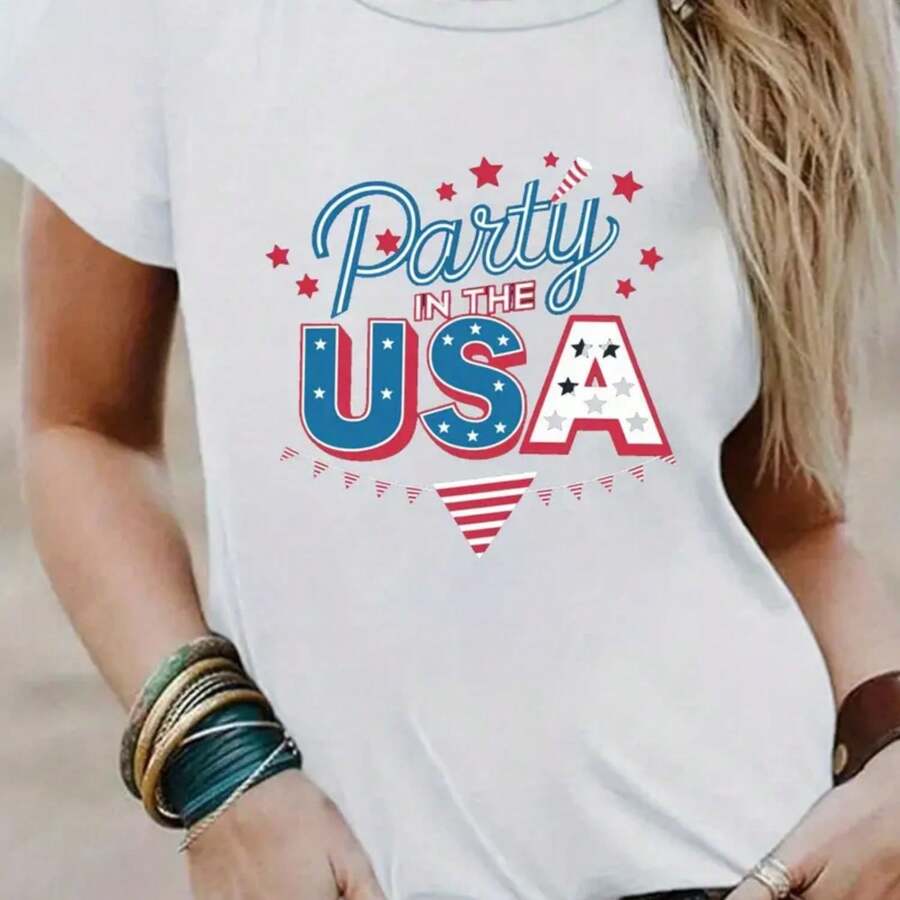 Party In The USA Print T-Shirt, Casual Crew Neck Short Sleeve T-Shirt For Spring & Summer, Women's Clothing