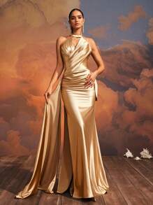 VIPGIRL Elegant Champagne Halter Neck Satin Wrap Front And High Slit, Floor-Length Evening Dress, Women's Formal Gown, Prom Dress, Party Dress, For Wedding Guest - 金色 - 查看 6