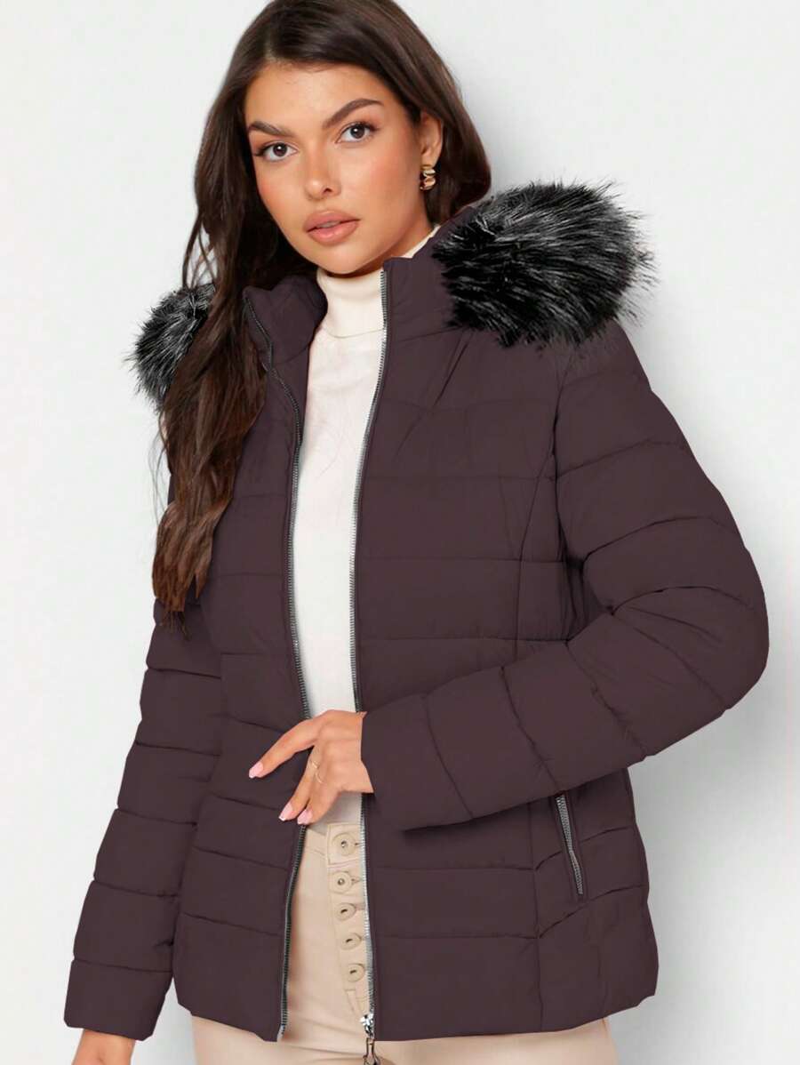 Shendy Vendy Women's Warm Polyester Jacket With Fur Collar - Coffee 1 - View 1