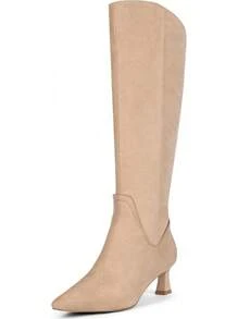 MUCCCUTE Knee High Boots For Women Chunky Heel Square Toe With Side Zipper Pull On Tall Fall BotasChristmas - Khaki Suede-kitten Heel - View 1