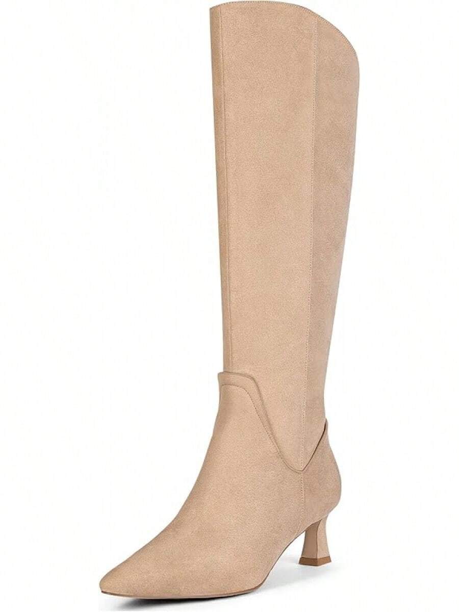 MUCCCUTE Knee High Boots For Women Chunky Heel Square Toe With Side Zipper Pull On Tall Fall BotasChristmas - Khaki Suede-kitten Heel - View 1