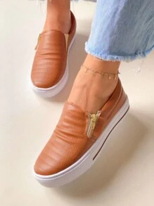 Women's Sneakers, Slip On Sneakers, Comfortable Zipper - 駝色 - 查看 4