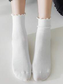 5 Pairs Women White Cute Ruffle Fashionable Mid-Calf Socks, Suitable For Everyday Wear, Fall - White - View 5