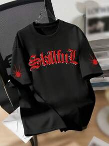 Teenager Boys' Spider & Slogan Print Crew Neck T-Shirt, Casual Soft Top For Summer - Black - View 2