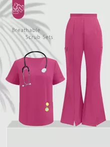 Bộ đồng phục y tế/phòng thí nghiệm gồm áo tay ngắn cổ chữ V màu trơn và quần dài xẻ tà, có túi, thích hợp cho mùa xuân. - Màu Hồng Tươi - Xem 3