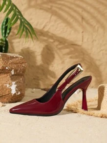 2025 年秋冬女士 9.5 厘米高跟尖头优雅细高跟鞋，带踝带，酒红色，镜面 PU 皮革制成，适合日常/派对穿着，优雅 - 酒紅色 - 查看 5