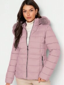 Shendy Vendy Chamarra Para Mujer Poliéster Cálido Con Cuello Tipo Piel - Rosa Pálido 2 - Ver 2