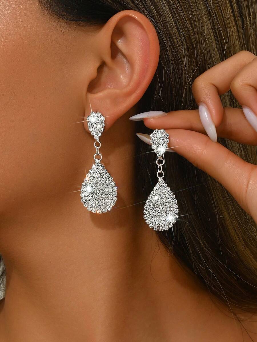 Women's Wedding Jewelry Fully Rhinestone Earrings, Suitable For Daily, Evening Party Wear - Silver 1276 - View 1