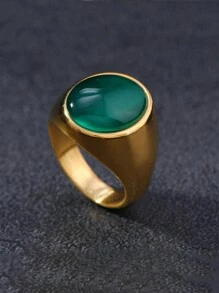 1 Piece French Luxury Stainless Steel 18K Gold Plated Gold Trimmed Large Gemstone Ring For Men's Everyday Wear
