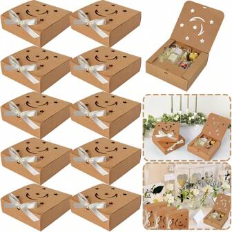 10 st. presentaskar med rosetter, band, stjärnor, måne, ihåliga godisaskar, fyrkantiga kraftpapperspresentförpackningar för födelsedag, bröllop, dusch, festfavörer
