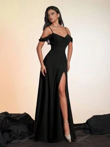 Smilprince Long Open Shoulder High-End Solid Color Bridesmaid Formal Evening Dress