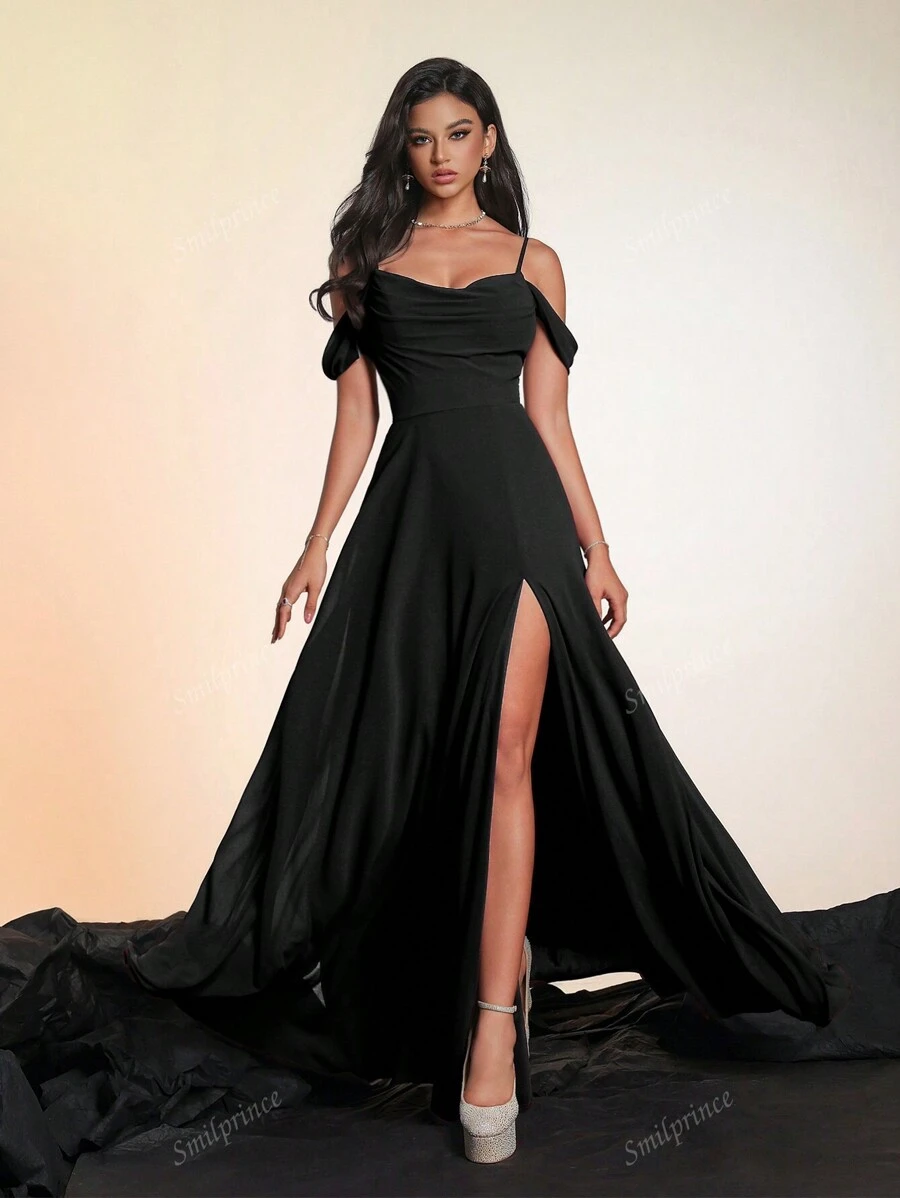 Smilprince Long Open Shoulder High-End Solid Color Bridesmaid Formal Evening Dress