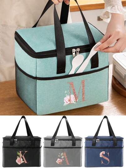 1pc Portable Thermal Lce Bag Initial A To Z Letter Pattern Lunch Box Bag, Handbag Outdoor Lunch Bag Women Cooler Handbags Student Thermal Lunch Bags For Work High-Capacity Picnic Bag Fridge Bag Insulating Lunch Box For Campng, Picnic ,Office And School Kitchen Organizer,Kitchen Accessory