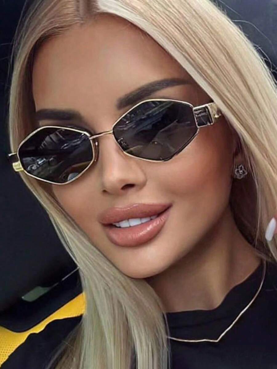 1pc Rhombus Metal Small Frame Y2K Fashion Glasses, Preppy School Look - Black - View 1
