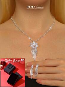 2 piezas Conjunto de joyería floral de lujo y hermoso con zirconia - Conjunto de collar, aretes y caja de regalo para San Valentín, boda y fiesta - Multicolor - Ver 10