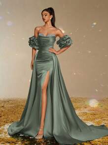 Smilprince Elegante vestido largo de satén verde salvia hasta el suelo, con mangas abullonadas y abertura alta, vestido de vaina para eventos formales, vestidos formales y de noche para mujer, vestidos de graduación, vestidos de fiesta, vestido de invitada de boda - Verde - Ver 8