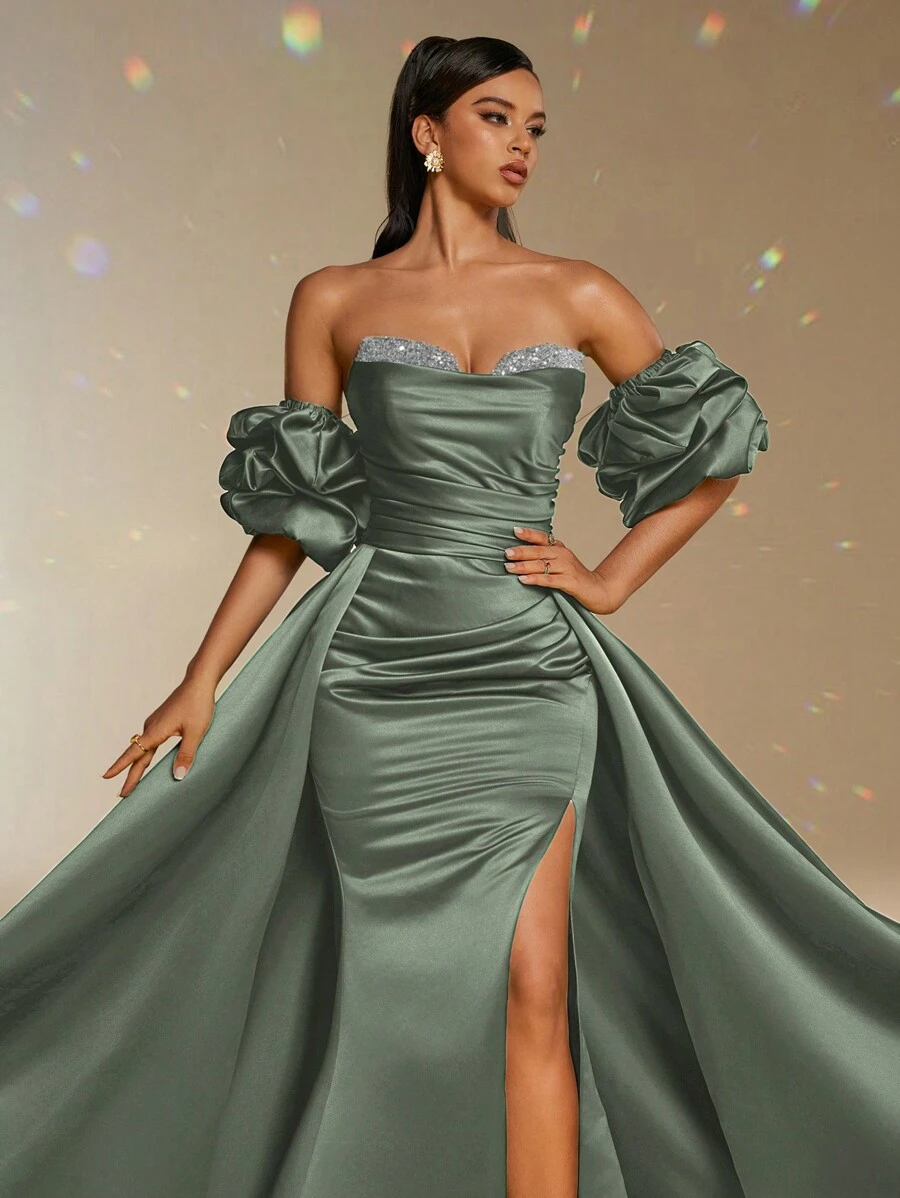 Smilprince Elegante vestido largo de satén verde salvia hasta el suelo, con mangas abullonadas y abertura alta, vestido de vaina para eventos formales, vestidos formales y de noche para mujer, vestidos de graduación, vestidos de fiesta, vestido de invitada de boda - Verde - Ver 1