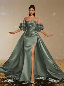 Smilprince Elegante vestido largo de satén verde salvia hasta el suelo, con mangas abullonadas y abertura alta, vestido de vaina para eventos formales, vestidos formales y de noche para mujer, vestidos de graduación, vestidos de fiesta, vestido de invitada de boda - Verde - Ver 5