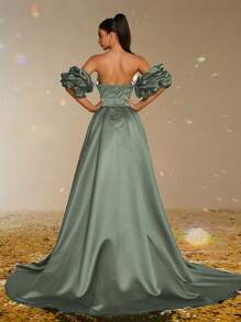 Smilprince Elegante vestido largo de satén verde salvia hasta el suelo, con mangas abullonadas y abertura alta, vestido de vaina para eventos formales, vestidos formales y de noche para mujer, vestidos de graduación, vestidos de fiesta, vestido de invitada de boda - Verde - Ver 2