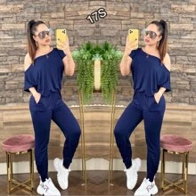 SHORT SLEEVE PALAZZO DROP SHOULDER - Navy Blue - View 2