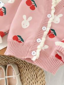 M.Dian xi 女童V领开衫毛衣春秋新款韩版童装荷叶边草莓羊毛衫女童保暖冬季外套 - 西瓜粉 - 查看 5