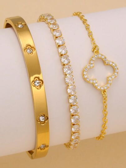 Elegant Shiny Fashion Clover-Shaped Zirconia Inlaid Stainless Steel Zirconia Clover Bracelet Set, Suitable For Daily Wear And As A Gift For Friends