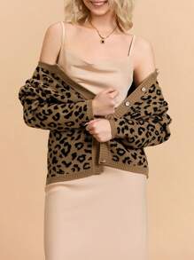Women Knit Cardigan Long Sleeve Button Closure Fall Casual Jacket Leopard Print Sweater - Khaki - View 6